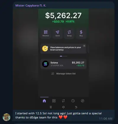 Screenshot of wallet growing from 12.5 SOL to over 5k USD